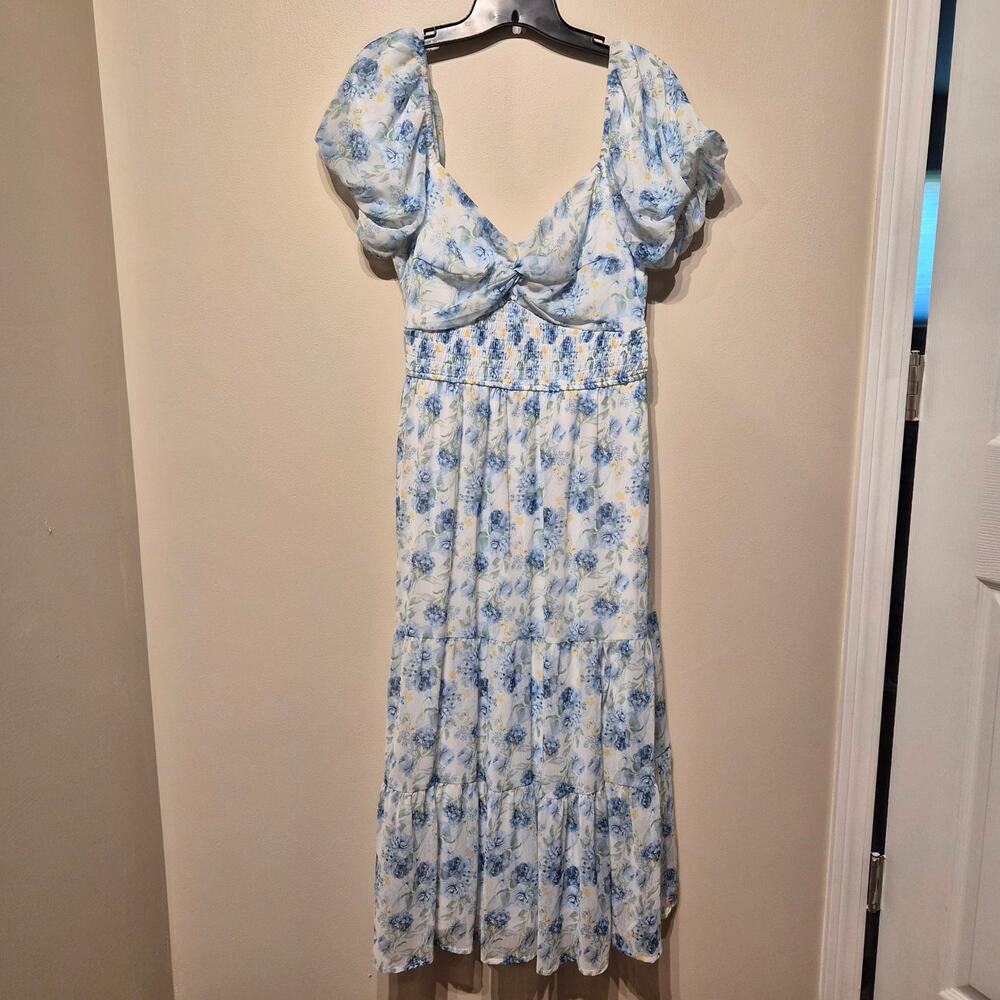 Altar'd State Large Maxi Dress Nala White and Blue Floral Smocked Waist